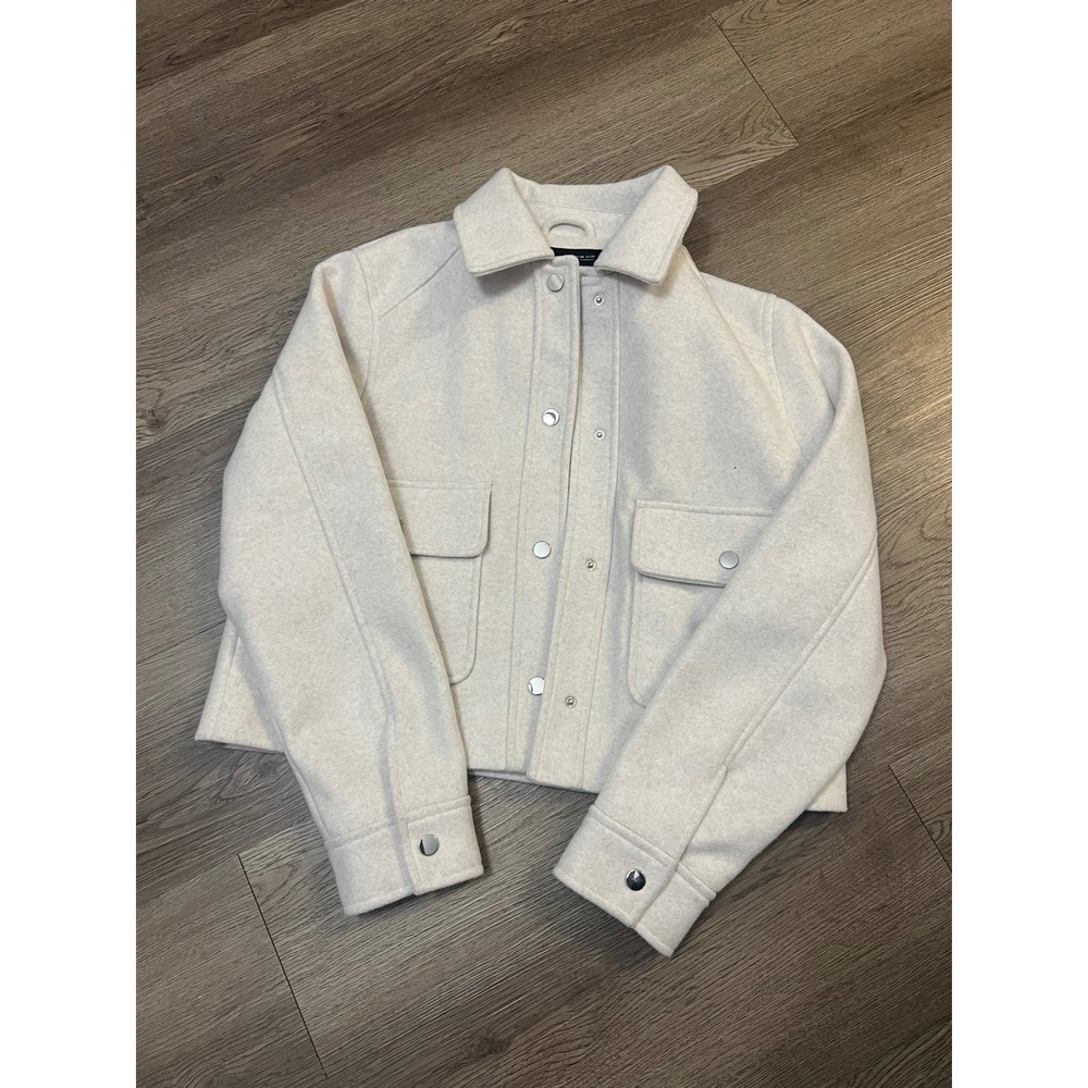 Zara Women Cream Oatmeal Cropped Wool Blend Snap Front Jacket XS